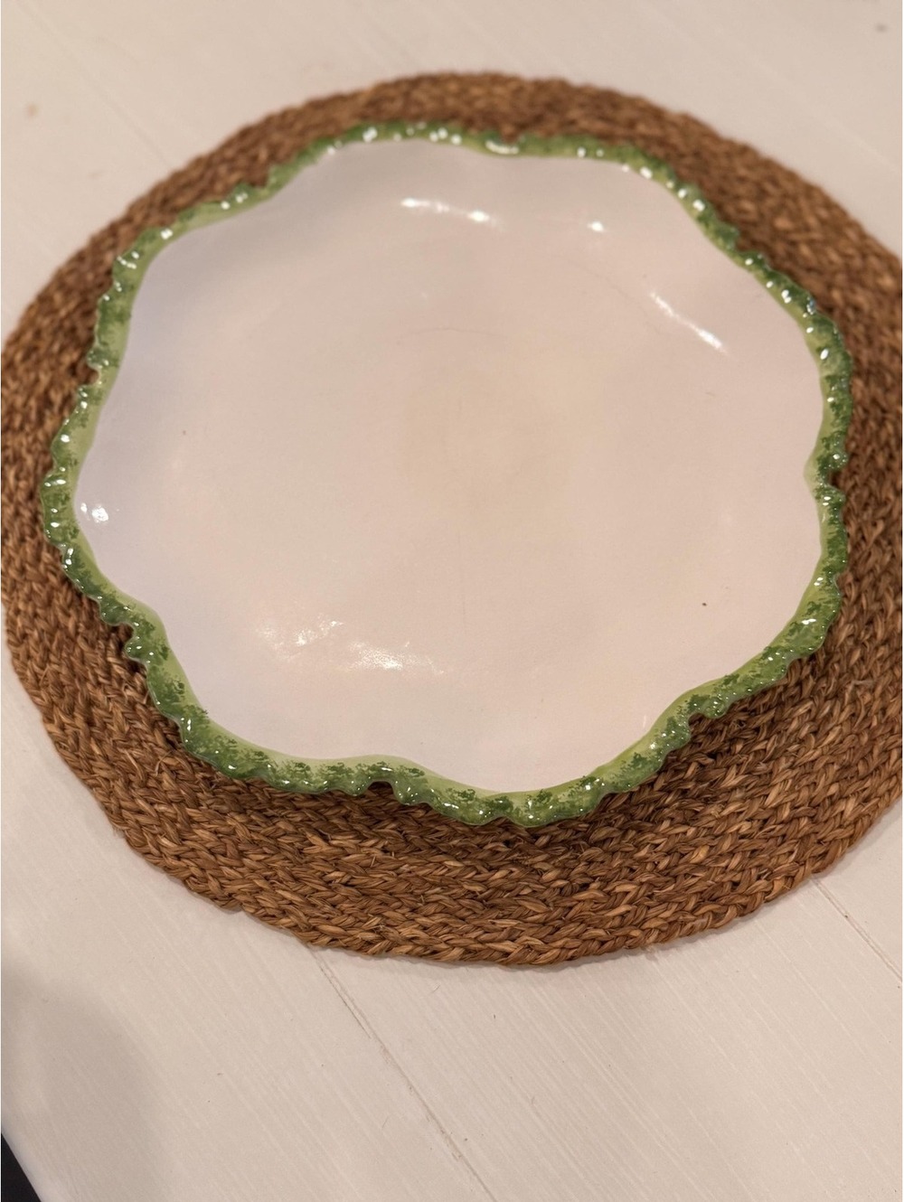 Vintage Large handmade Signed pottery plate with green border